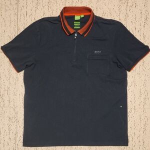 Hugo Boss Navy Blue & Orange Spellout Logo 1/4 Zip Casual Dress Polo Shirt